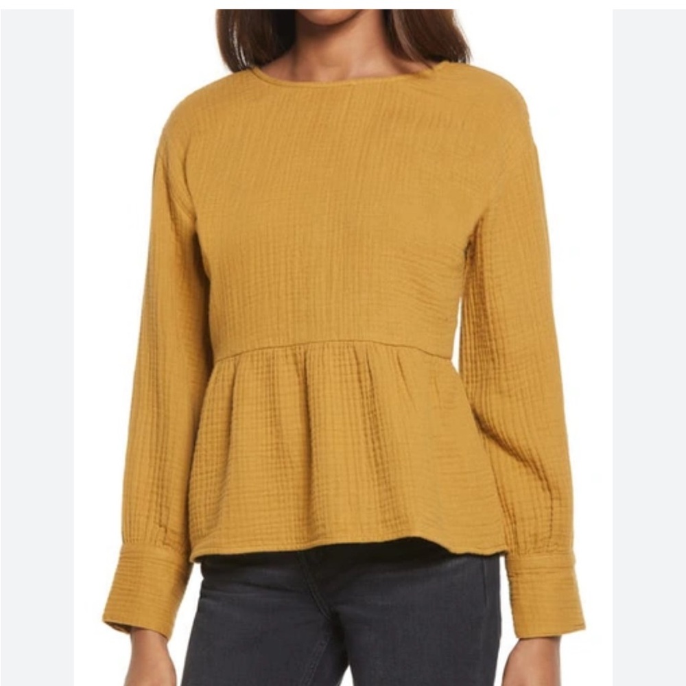 Madewell Top Womens XS Gauze Button Back Peplum Mustard Lightspun Swingy
